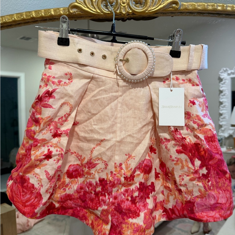 Zimmermann Pink and Cream Floral Shorts with Pearl Belt
